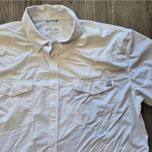 Huk Diamond Back Performance Fishing Shirt White Short Sleeve Button Up Mens XXL